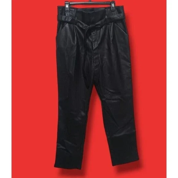 Lucy Paris Belted Paper Bag Waist Black Faux Leather High Rise Womens Sz L Pant - Picture 6 of 16